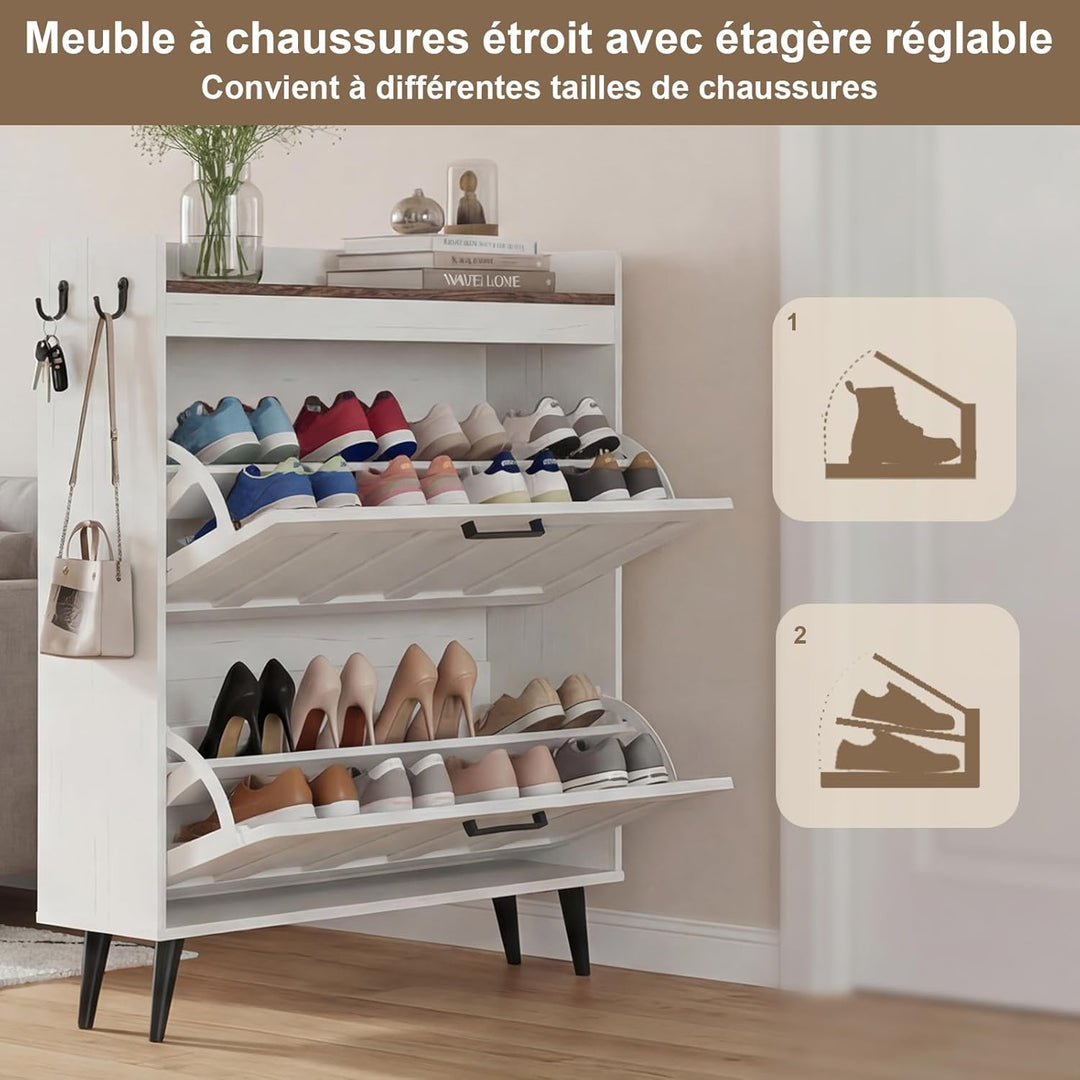 Schuhschrank Schmal mit 2 Klappschubladen, Landhausstil Schuhaufbewahrung für Flur Wohnzimmer, Kipps