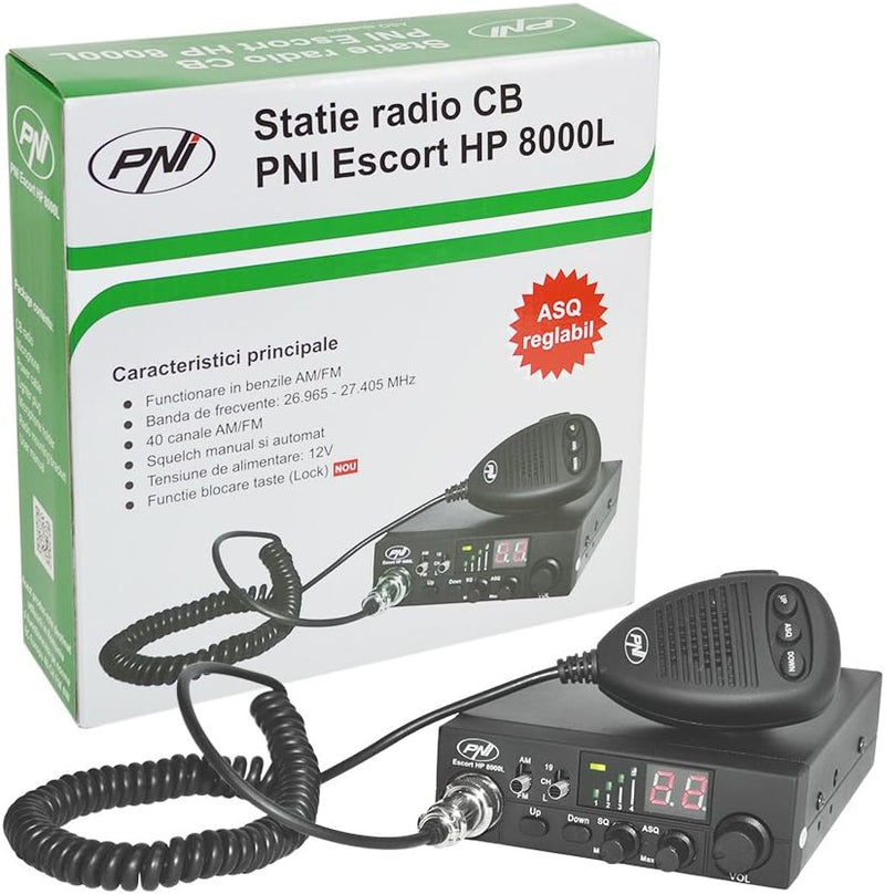 PNI Radio CB HP 8000L Escort mit einstellbarem ASQ, 12 V, 4 W, Schloss und Feuerzeugstecker