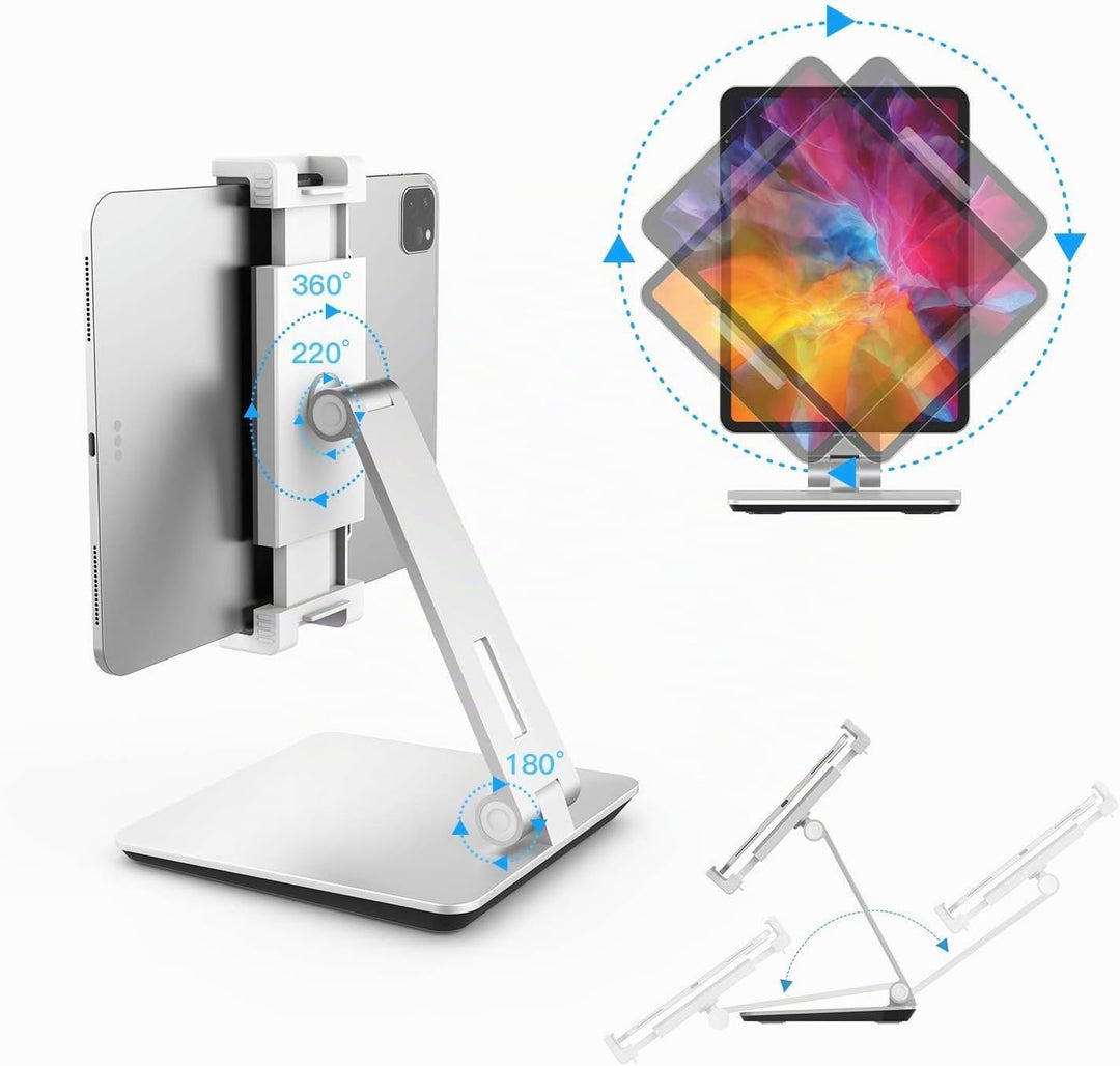 QinCoon Tablet Ständer, Verstellbar Heavy Duty Aluminium Halterung, 360° Drehen Faltbar Metall Table