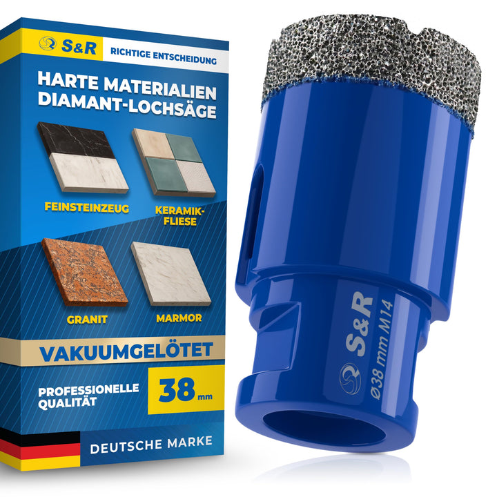 S&R Professional Diamant Fliesenbohrer 38 mm, Lochsäge für Fliesen M14 Gewinde, Diamant Bohrer Flies