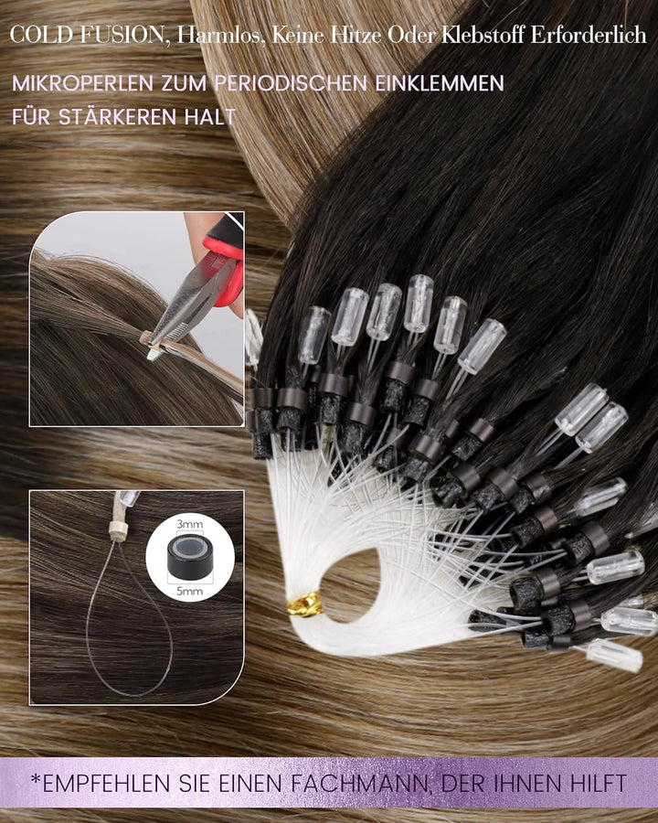 LaaVoo Microring Echthaar Extensions Ombre Dunkelstes Braun bis Mittelbraun mit Aschblond Micro Loop
