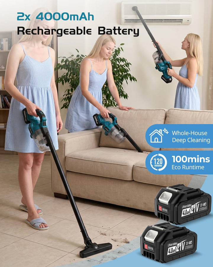 Akku Staubsauger Kompatibel mit Makita 18V, 16000Pa 4-in-1 Akku Handstaubsauger mit 2X 4.0Ah, 4 Bürs