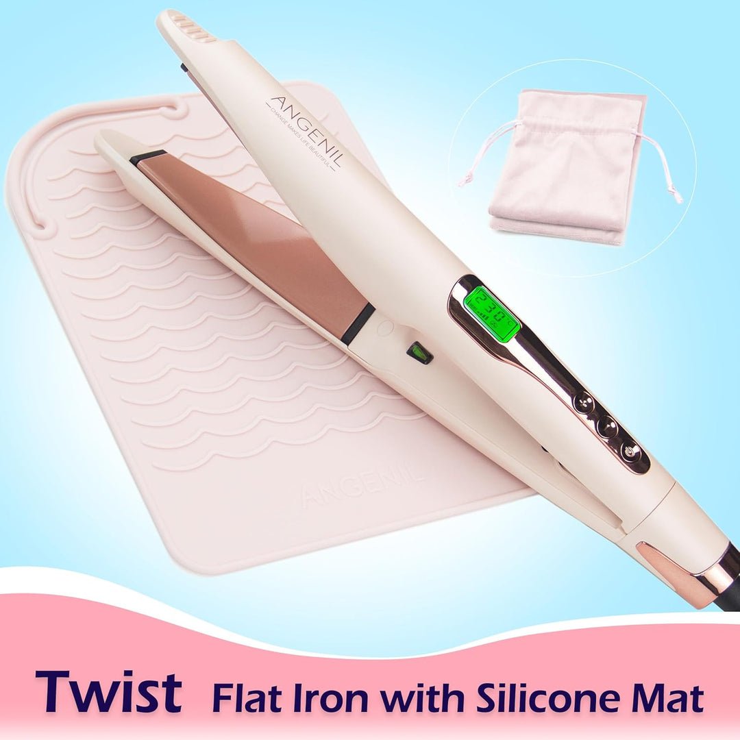 ANGENIL Pro Twist Glätteisen für Damen, 2-in-1 Glätteisen und Lockenstab, rundes, rosafarbenes Haarg