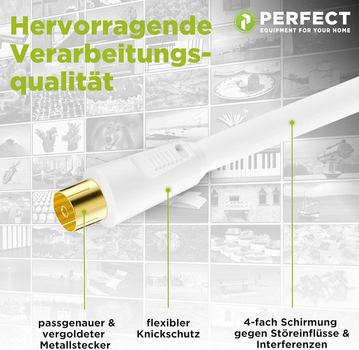 Perfect TV-Kabel, Antennen-Kabel, Koaxial-Kabel, IEC Stecker auf IEC Buchse mit Ferrite, 20,0 m, wei