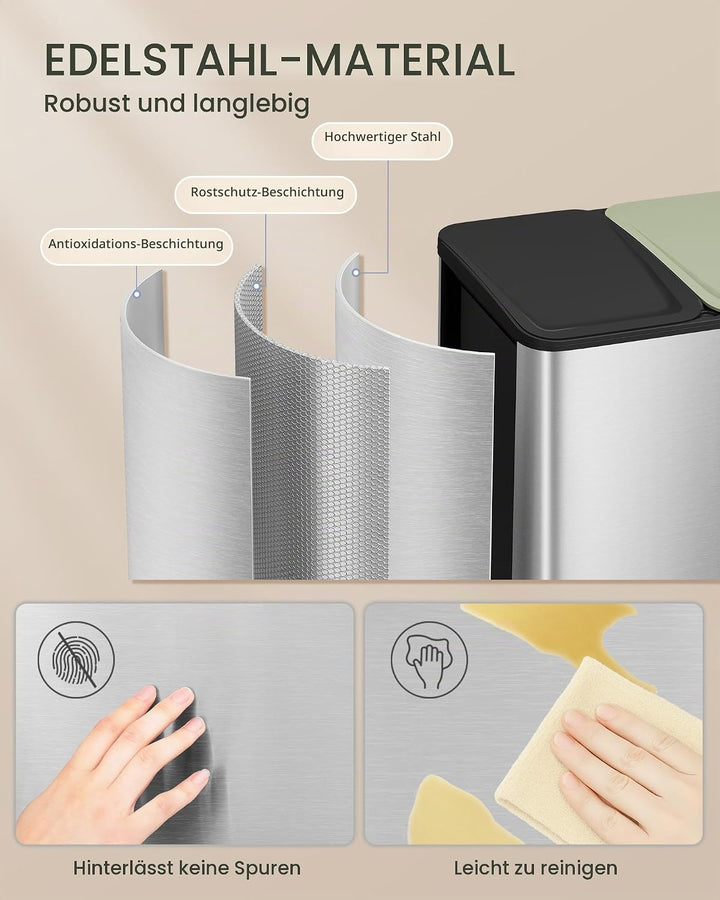 Hzuaneri Mülleimer Küche, 2 x 15 L, Mülltrennsystem 2 Fächer, Mülleimer mit Farbigem Soft-Close-Deck