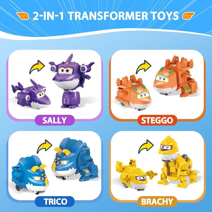 Super Wings Transforming Figuren 4 Pack, 5 cm Sally, Steggo, Trico &amp; Brachy, Roboter zu Flugzeug, Sp