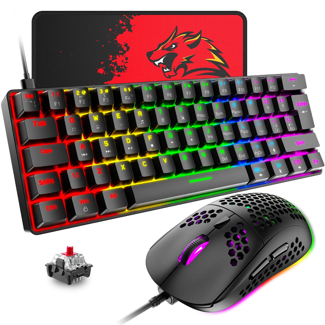 T60 Mini 60% Mechanische Tastatur-Maus-Sets, Kompakt 62 Tasten, Typ C Wired, 19 Hintergrundbeleuchtu
