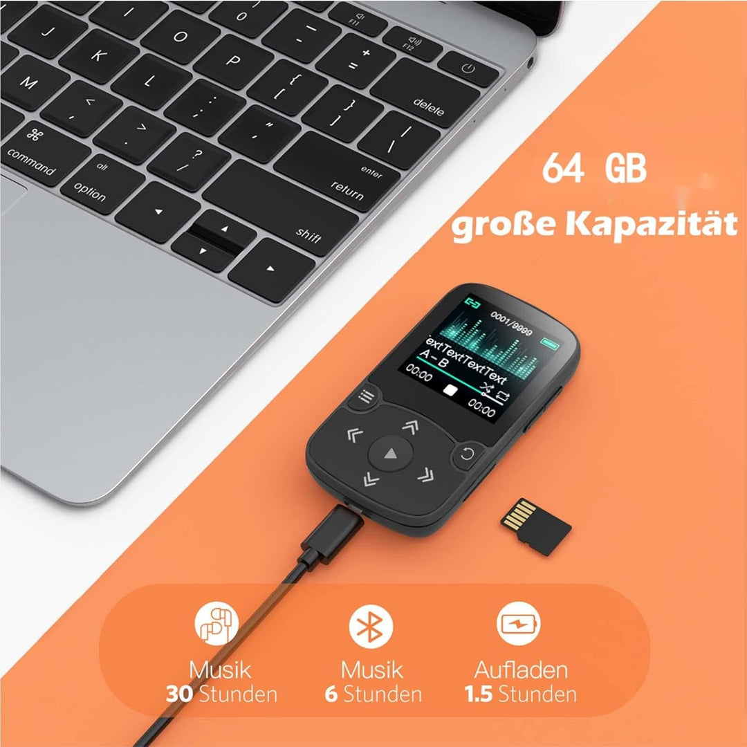 AGPTEK MP3 Player & Schutzhülle Bluetooth 5.3 Sport 64GB mit 1,5 Zoll TFT Farbbildschirm, Mini Musik