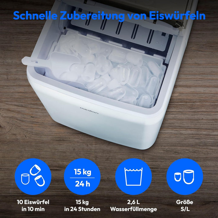 MEDION Eiswürfelmaschine (Eiswürfelgrösse klein & gross, 2,6 Liter Wassertank, kurze Produktionsdaue