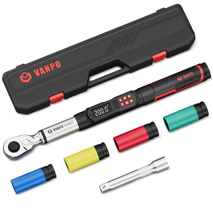VANPO Digitaler Drehmomentschlüssel 1/2 Zoll Set, 10-200 Nm Drehmomentschlüssel Auto mit LCD-Display