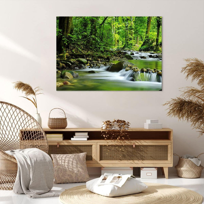 Bilder auf Leinwand 100x70cm Leinwandbild mit Rahmen Stream Wald Natur Gross Wanddeko Bild Schlafzim