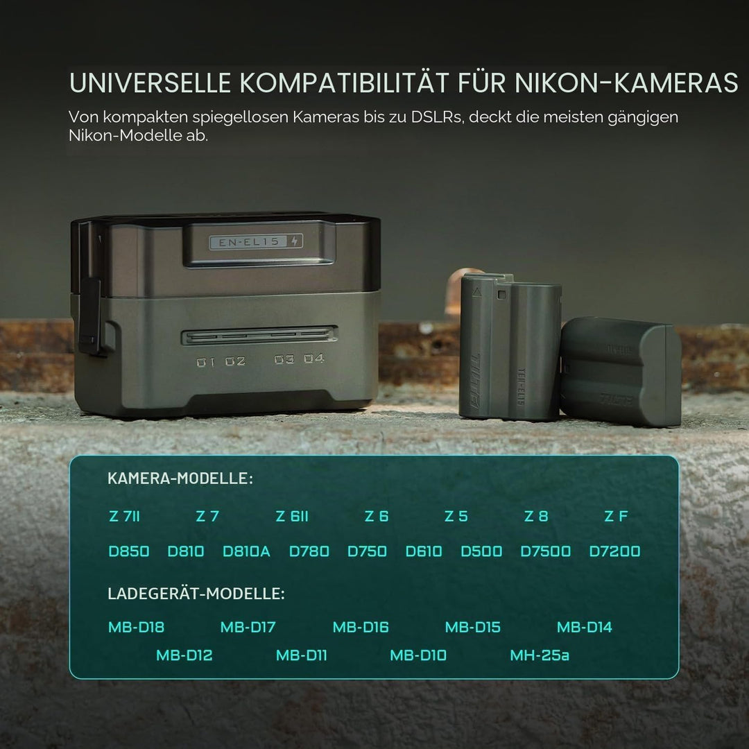 EN-EL15C Ersatzakku- und Ladegeräteset, 4er-Pack 2400-mAh-Akkus und Vierkanal-USB-C-PD-Schnellladege