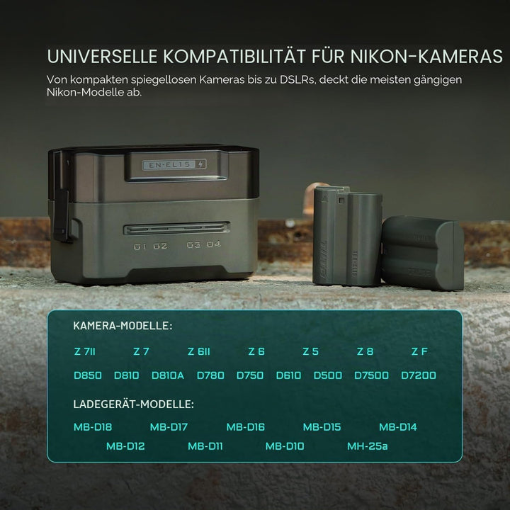 EN-EL15C Ersatzakku- und Ladegerät-Set, 2er-Pack 2400-mAh-Akkus und Vierkanal-USB-C-PD-Schnellladege