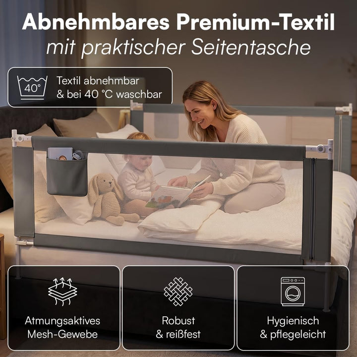 BELLABINO Drina Rausfallschutz – Bettschutzgitter 150 cm Dunkelgrau – Bettgitter höhenverstellbar 69