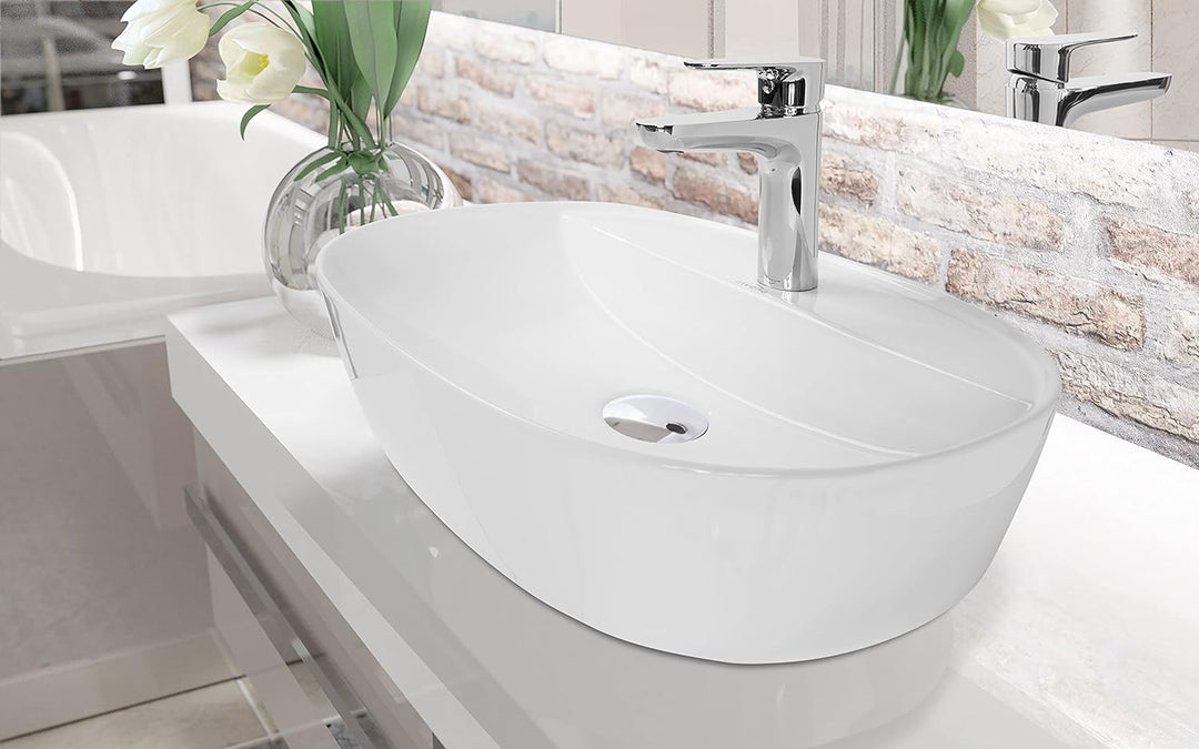VBChome Waschbecken 50 x 38 cm Keramik mit Hahnloch Weiss Oval Waschtisch Rechteck Handwaschbecken A