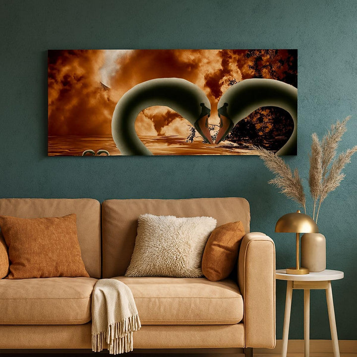 Panorama Bilder auf Leinwand 100x40cm Leinwandbild Schwäne Nacht Liebe Gross Wanddeko Bild Schlafzim