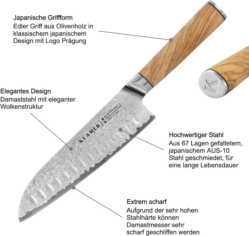 KLAMER Premium Santoku Damastmesser echter japanischer Stahl 18 cm Kochmesser Premium Damastmesser O