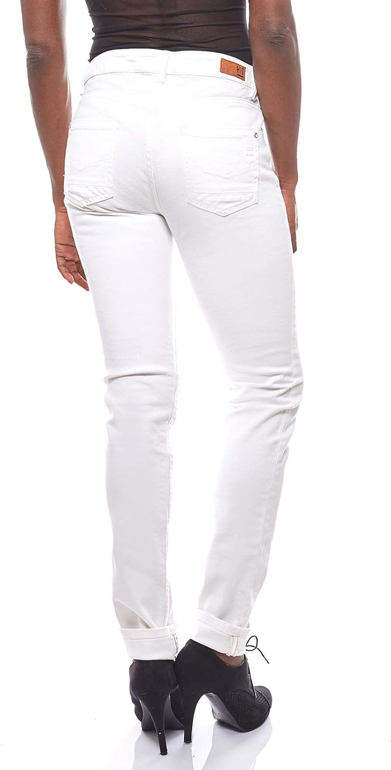 H.I.S. angesagte Damen Jeans-Hose mit Blumenstickereien Trend-Hose Hose Weiss, Grössenauswahl:W42/L3
