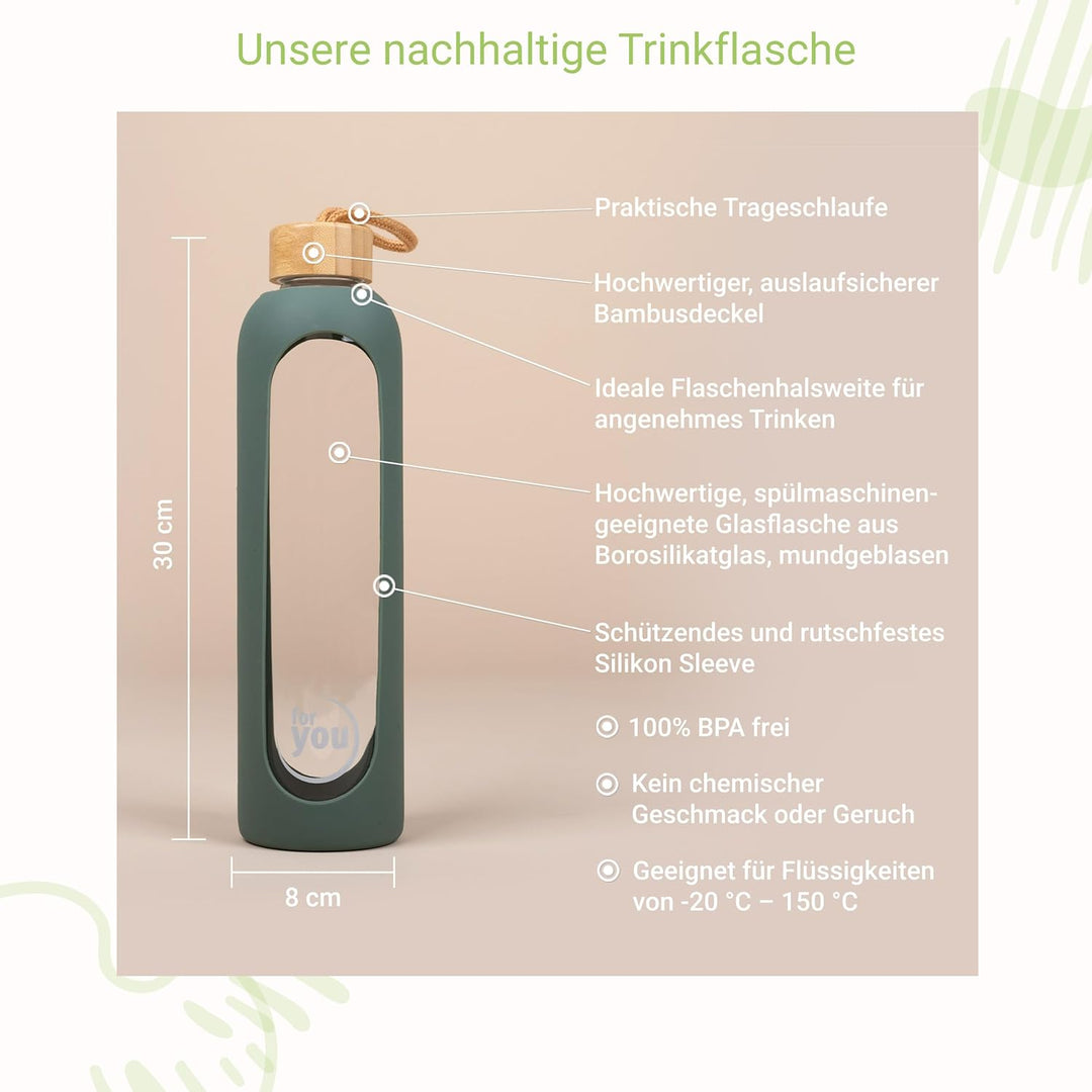 for you Nachhaltige Trinkflasche - 1000ml aus Glas mit Silikonhülle &amp; spülmaschinenfest - 1Liter Aus