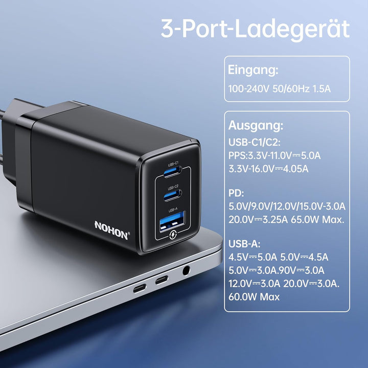 NOHON USB-C Ladegerät Fast Charger: 65W GaN Handy 3-Port Schnellladegerät PD3.0 mit 140W Typ-C 1.2M
