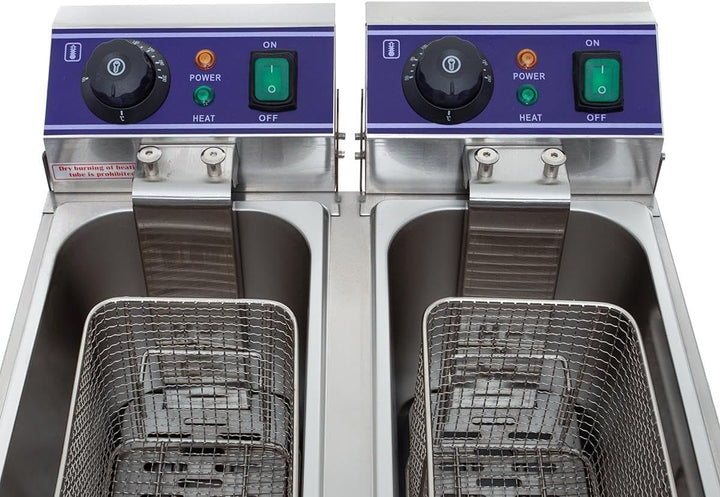 Elektro-Doppelfritteuse 16L Edelstahl – 2 x 8L Kammern, je 2000W – Profi Fritteuse mit Temperaturreg