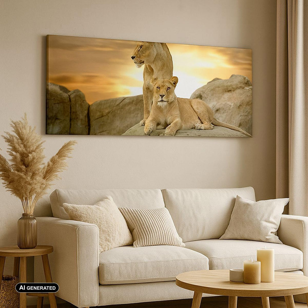 Wandbilder Dekoration Wohnzimmer Löwen Sonnenuntergang Felsen Krallen Bilder auf Leinwand 120x50cm L
