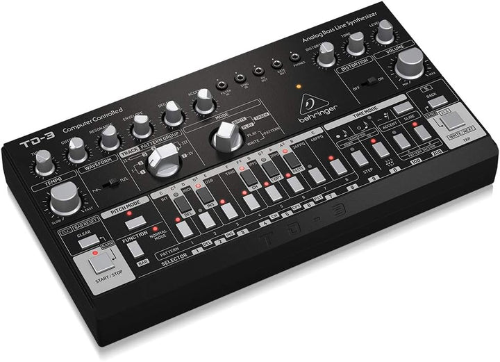 Behringer TD-3-BK Analoger Bass-Line-Synthesizer mit VCO, VCF, 16-stufigem Sequenzer, Verzerrungseff