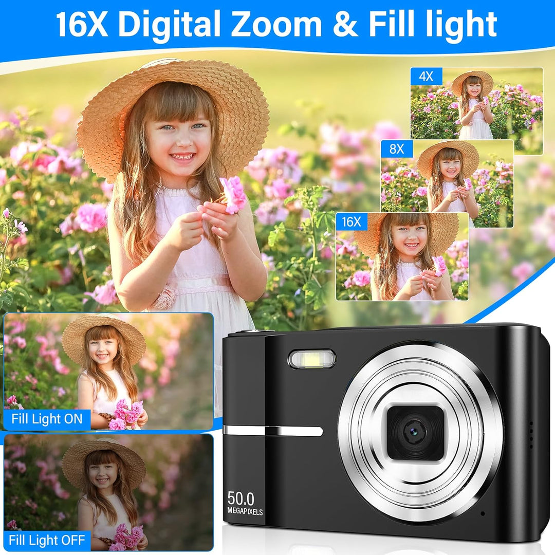 Digitalkamera 50MP 1080P FHD Fotokamera mit Autofokus 16X Digitalzoom Fotoapparat Tragbare Kompaktka