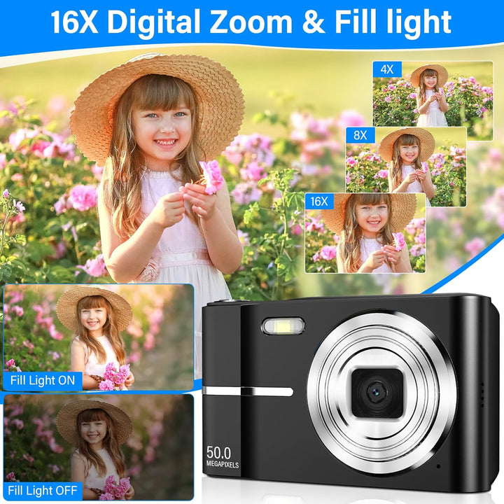 Digitalkamera 50MP 1080P FHD Fotokamera mit Autofokus 16X Digitalzoom Fotoapparat Tragbare Kompaktka