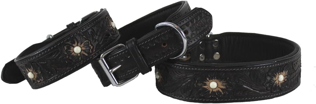 MICHUR Pablo Hundehalsband Leder, Lederhalsband Hund, Halsband, BRAUN, Leder, mit gestanzten Blumenm