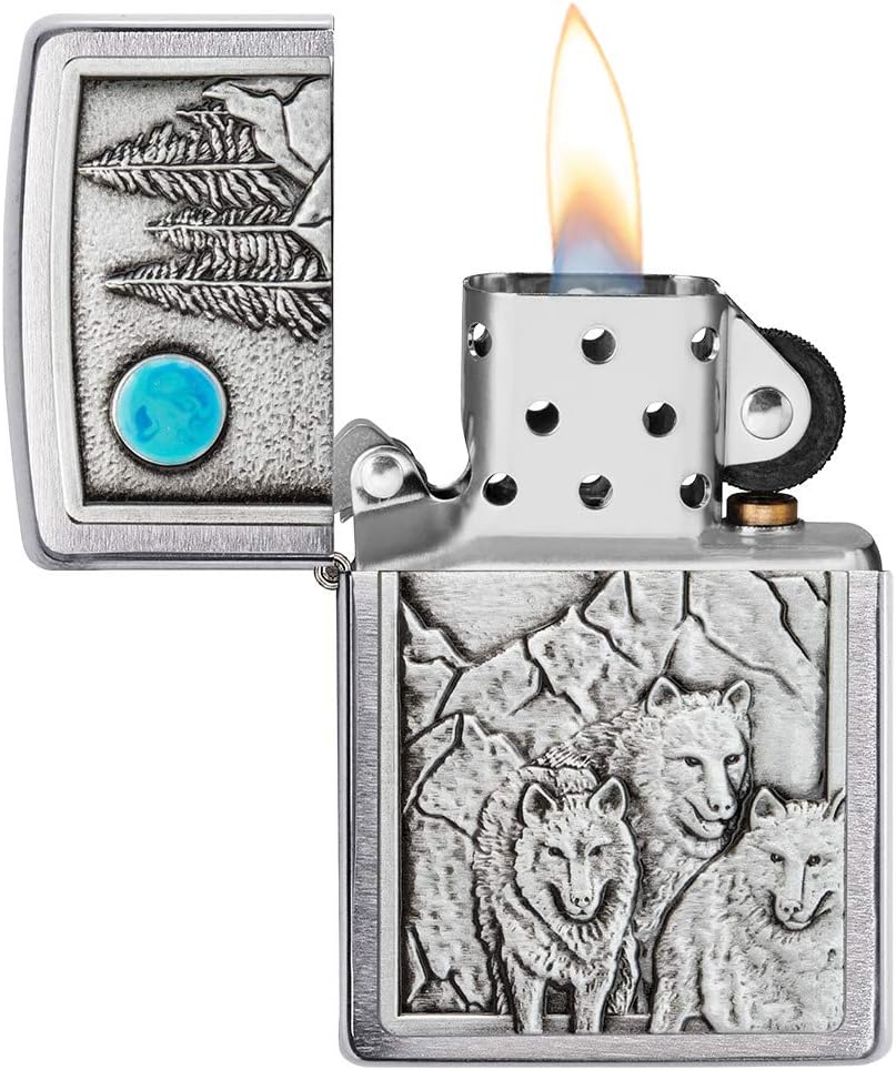 Zippo Wolf Feuerzeuge Gebürstetes Chrom Wolf Pack und Mond, Gebürstetes Chrom Wolf Pack und Mond
