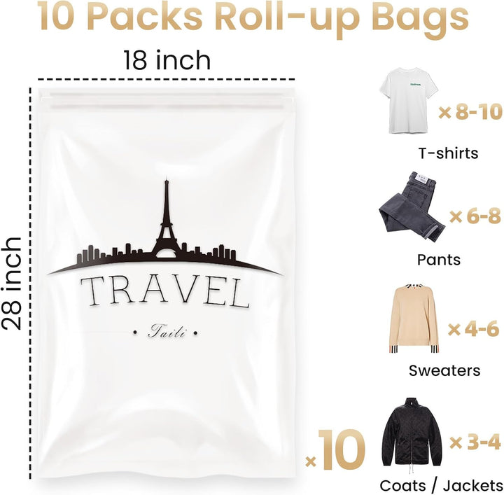 TAILI Vakuumbeutel Set Reise 10 Stück 40 x 60 CM Travel Vakuumbeutel für Kleidung zum Rollen Vakuum