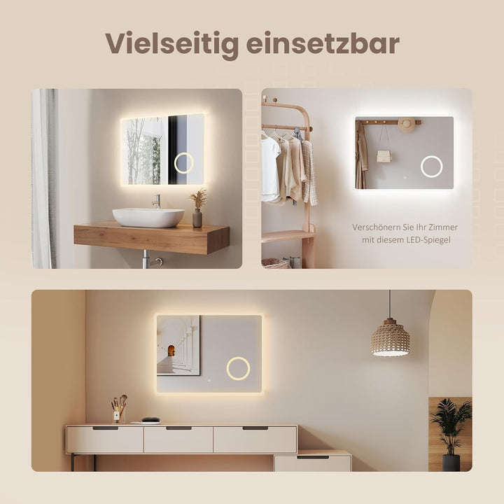 EMKE Badspiegel mit Beleuchtung 80x60cm, Touch, 3 dimmbare Lichtfarben, Beschlagfrei, 3-Fach Kosmeti