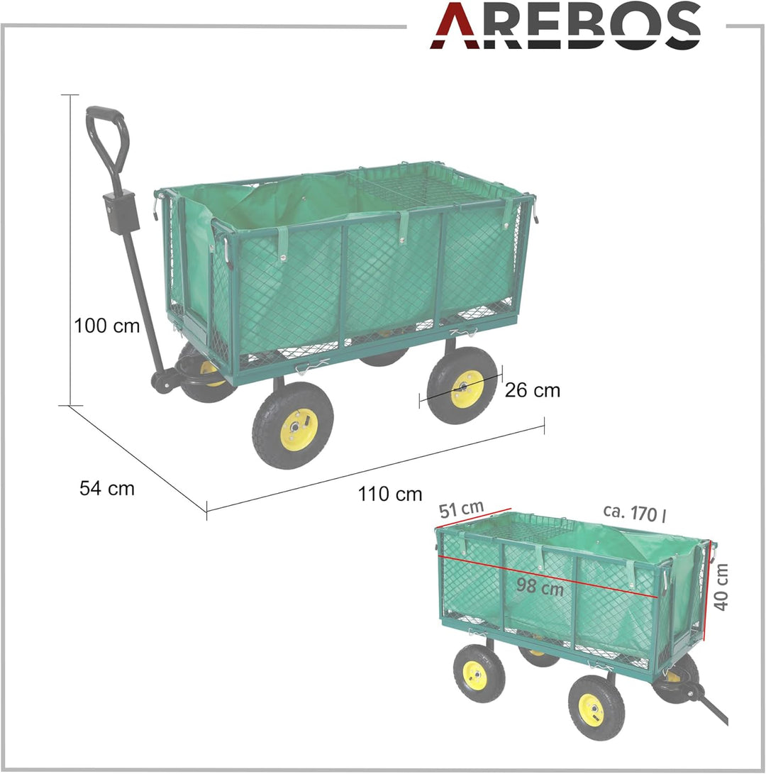 Arebos Bollerwagen | Gartenwagen | mit Profilreifen | 550kg belastbar | faltbar | grün | herausnehmb