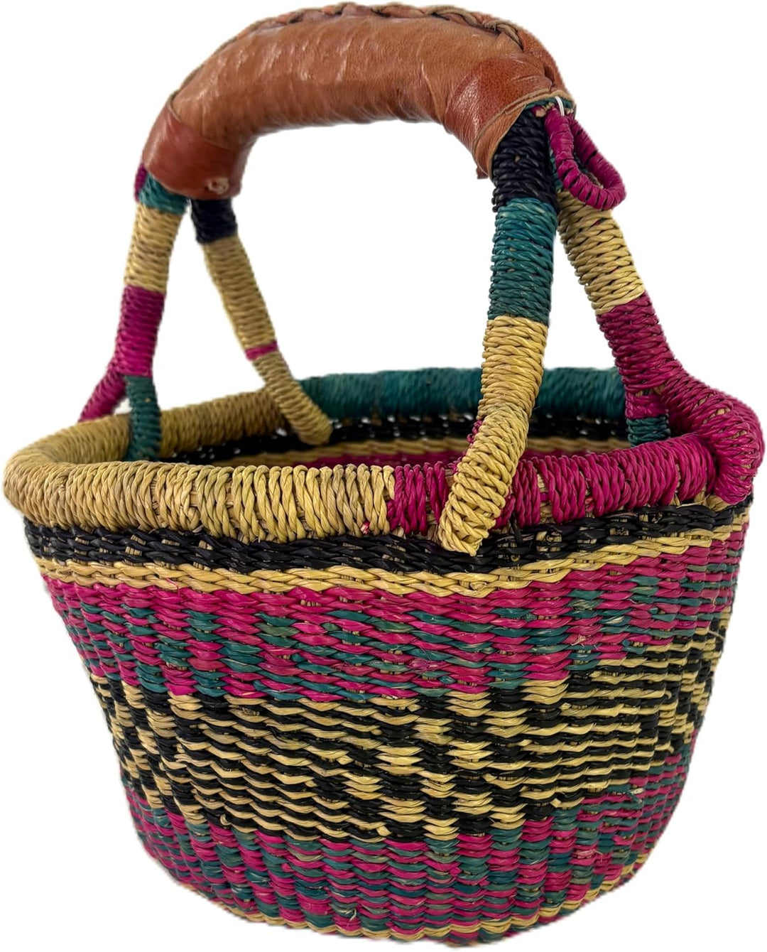 Kleiner Bolga Rundkorb Korb Original Afrika Ghana Einkaufskorb Ledergriff Fair Trade Ca : 20cm