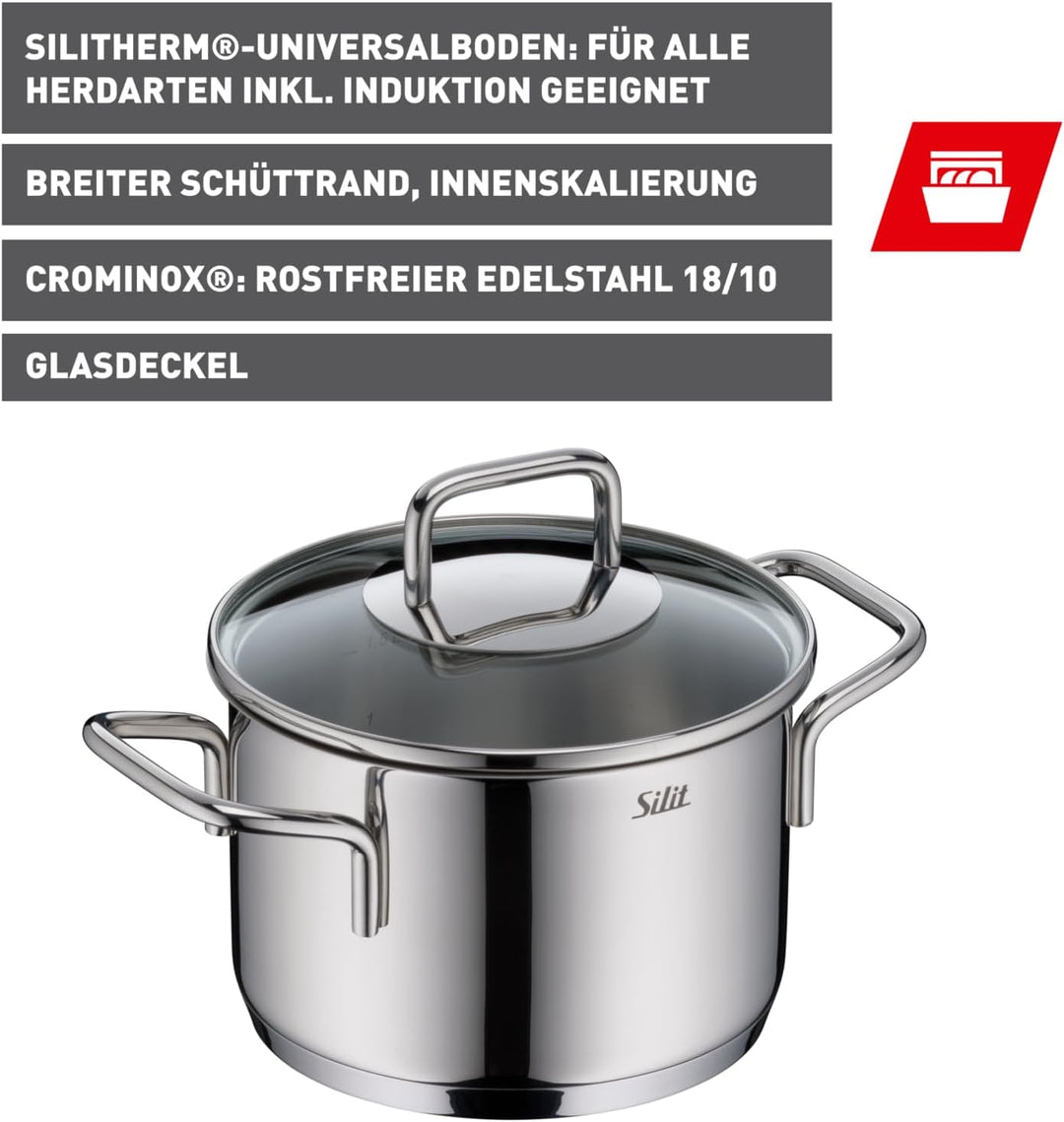 Silit Extra Cook, Kochtopf 16 cm mit Glasdeckel, Innenskalierung, breiter Schüttrand, hochwertiger,