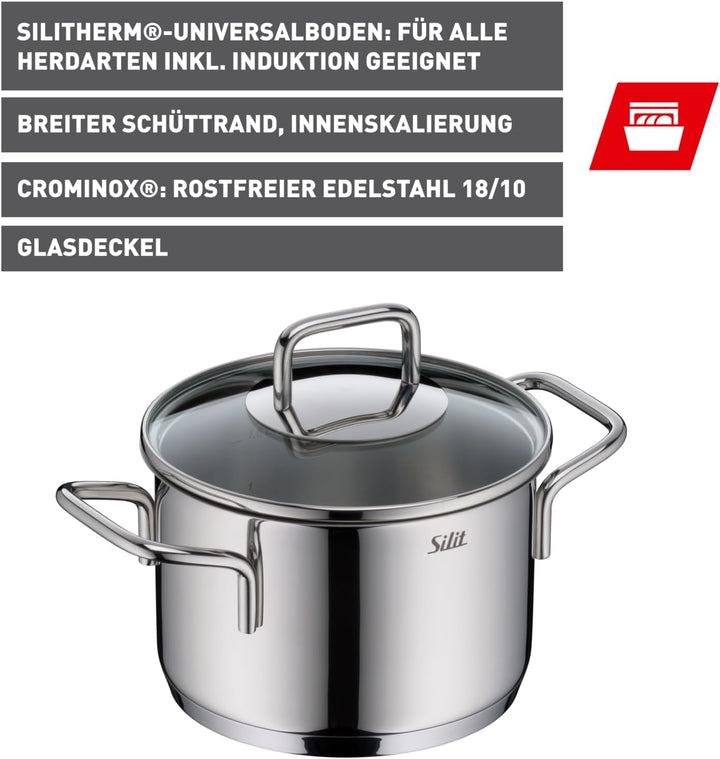 Silit Extra Cook, Kochtopf 16 cm mit Glasdeckel, Innenskalierung, breiter Schüttrand, hochwertiger,