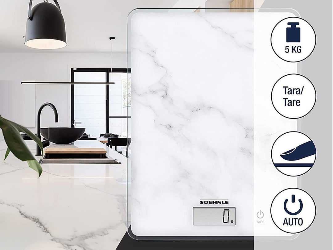 Soehnle Page Compact 300 Marble, digitale Küchenwaage mit Marmormuster, Gewicht bis zu 5 kg, Haushal