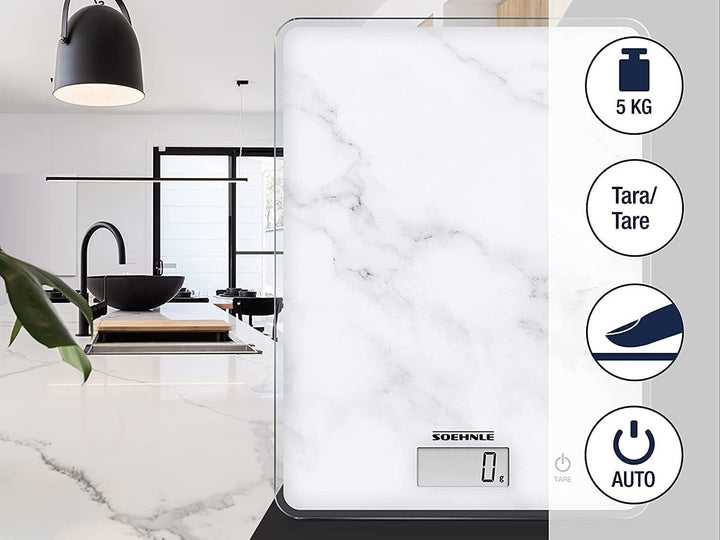 Soehnle Page Compact 300 Marble, digitale Küchenwaage mit Marmormuster, Gewicht bis zu 5 kg, Haushal