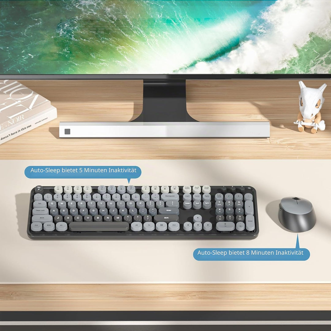 SOLIDEE kabellose Tastatur- und Maus-Kombination, Retro-Schreibmaschinentastatur, 2.4GHz runde Taste