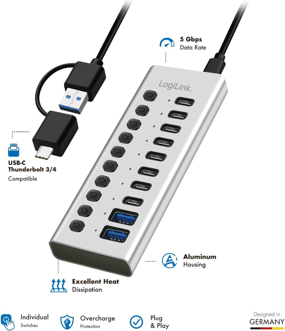 LogiLink UA0448 - USB 3.2 Gen1 Hub mit 10-Ports und Kabel/Adapter, USB Typ A und USB Typ C, EIN-/Aus