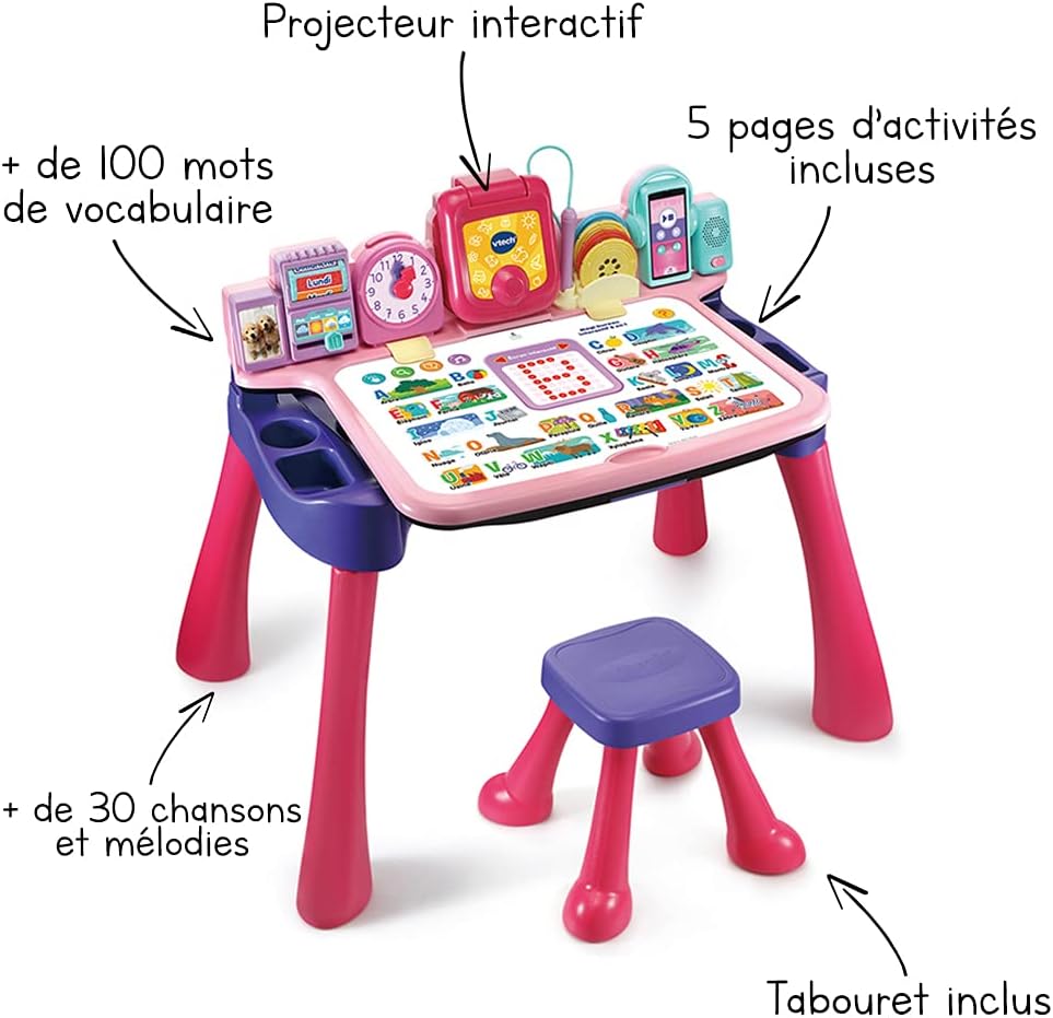 VTech - Magi Interaktiver Schreibtisch 5 in 1, Rosa, Kinderschreibtisch mit Hocker, beleuchtetem Dis