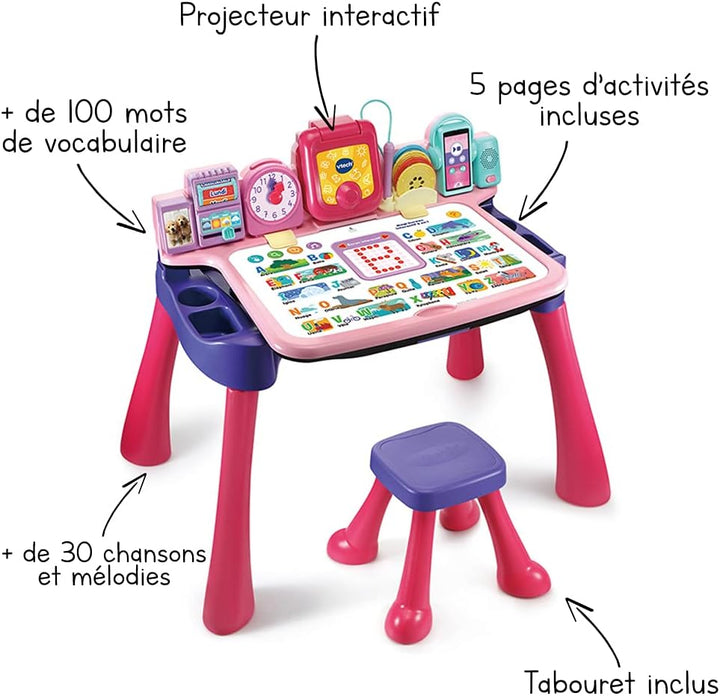 VTech - Magi Interaktiver Schreibtisch 5 in 1, Rosa, Kinderschreibtisch mit Hocker, beleuchtetem Dis