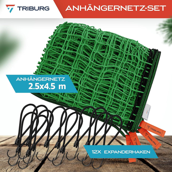 TRIBURG Anhängernetz 2,5x4,5 inkl. 12x Expander Haken - Anhänger Netz mit Eckmarkierungen und Randve