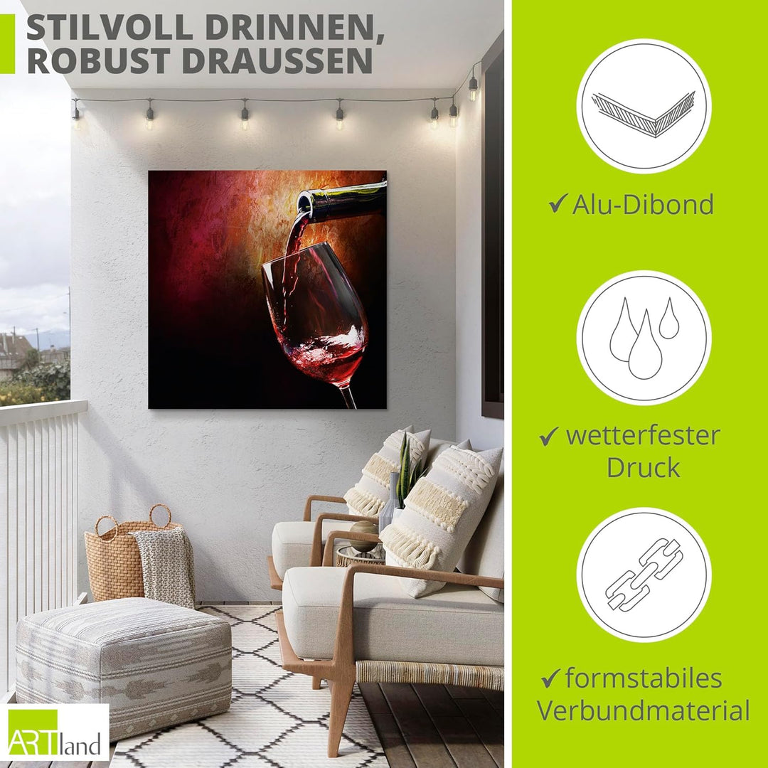 Artland Wandbild Alu für Innen & Outdoor Metall Bild 50x50 cm Rotwein Italien Mediterran Getränke We