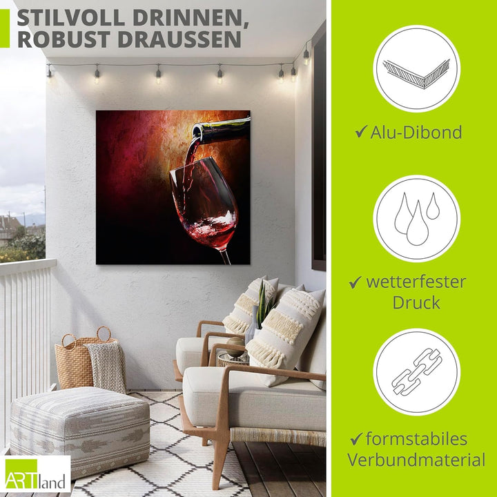 Artland Wandbild Alu für Innen & Outdoor Metall Bild 50x50 cm Rotwein Italien Mediterran Getränke We