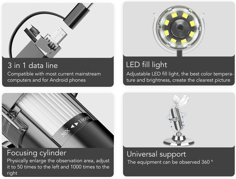 Hand-Digitalmikroskop, 3-in-1-Digitalmikroskop, Hand-Digitalmikroskop mit HD 1600X-Bild und WiFi-Ver