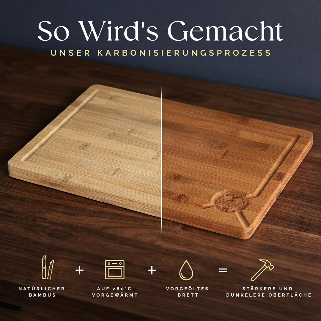 Deer & Oak Grosses karbonisiertes Schneidebrett 38 x 25 x 2 cm, vorgeöltes Bambus-Holz-Schneidebrett