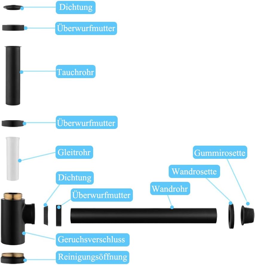 Keymark Design Siphon Schwarz Matt, Messing Syphon Sifon für Waschbecken & Waschtisch, Universal Des