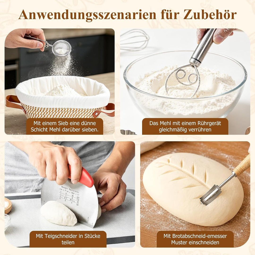 Gärkörbchen Sauerteig Starter Set, 2 Gärkorb (25cm Ovale & 23cm Runde), Brotbackset mit Sauerteig-Gl